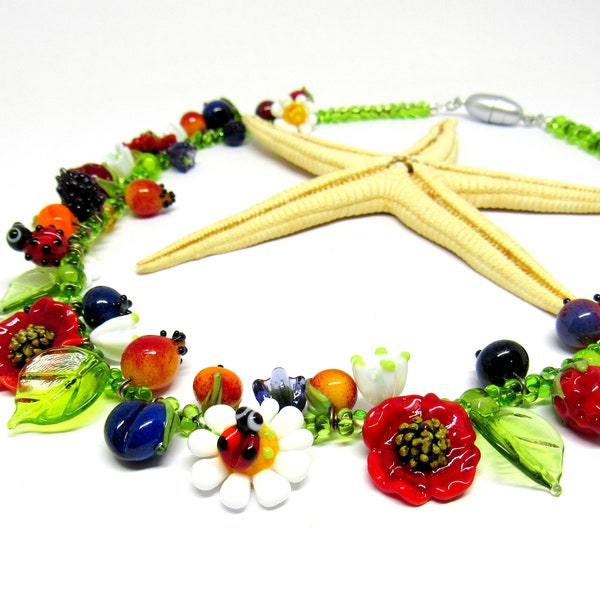 necklace with handmade lampwork beads, poppy, daisy, ladybug, flowers, lampwork, MTO