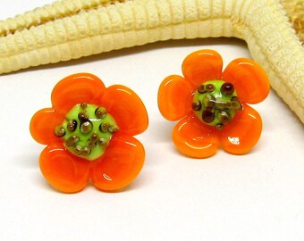 glass stud earrings, muranoglass, lampwork, flowers, orange