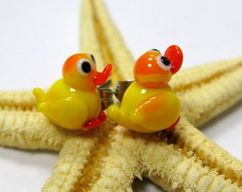 glass stud earrings, ducks, 10mm, yellow, orange, surgical steel