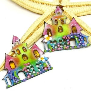 2 copper-elements enameled, haunted house, components for making jewelry, ready to ship