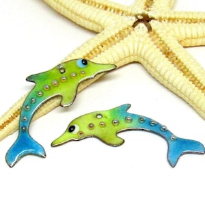 2 copper-elements enameled, dolphin, 40mm, components for making jewelry, MTO