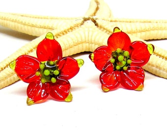 glass earstuds flower, red, lampwork, muranoglass, ready to ship