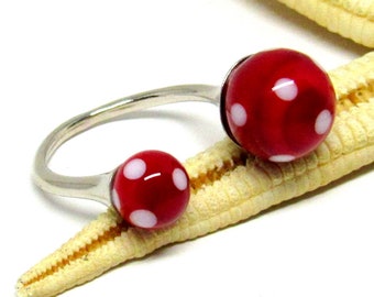 Verstellbarer Ring, rot, weiß, Polkadots, Glasperlen, Lampwork, MTO