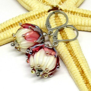 glass earrings flowers, pink, lampwork, muranoglass, MTO