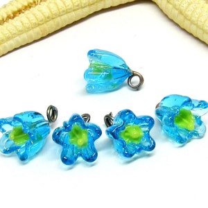 5 glass small flower beads, light blue, lampwork, 8mm, 2mm eyelet