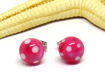 glass stud earrings, 8mm, pink with white dots, surgical steel, lampwork, MTO