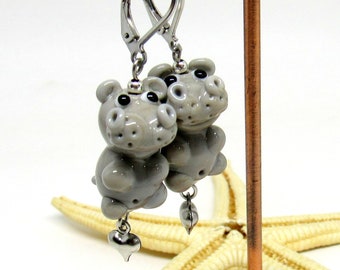 glass earrings, hippo, lampwork, muranoglass, MTO