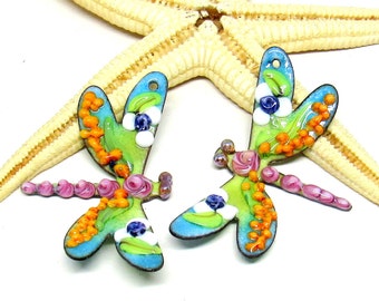 2 copper-elements enameled, dragonfly, components for making jewelry, ready to ship