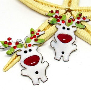 2 copper-reindeer enameled, holly, components for making jewelry, MTO