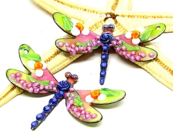 2 copper-elements enameled, dragonfly, components for making jewelry, MTO