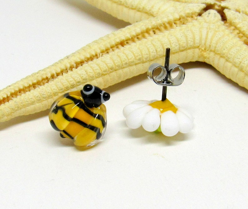 glass stud earrings, bee or ladybug with flower, lampwork, muranoglass, MTO image 4