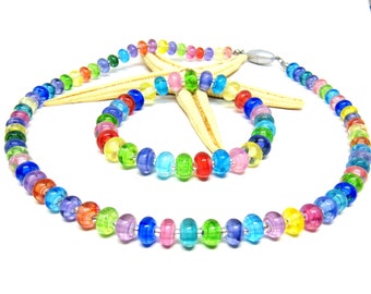 necklace or bracelet with handmade lampwork beads, colorful, rainbow, lampwork, MTO