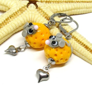 2 glass earrings mice with cheese, lampwork, MTO