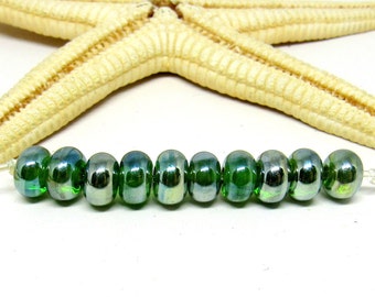 10 glassbeads spacer, metallic green, 7mm x 5mm, hole 2mm, lampwork, MTO