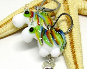 glass earrings unicorn, white-colorful, lampwork, muranoglass, MTO