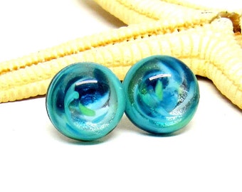 glass stud earrings, seablue, lampwork, muranoglass, MTO