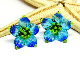 glass earstuds flower, blue-green, lampwork, muranoglass, ready to ship