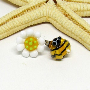 glass stud earrings, bee or ladybug with flower, lampwork, muranoglass, MTO image 3