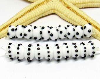 10 glassbeads SPACER, 8mmx5mm, white-black, hole 2mm, lampwork, MTO