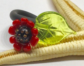 adjustable ring, lampwork, muranoglass, flower, bud, MTO