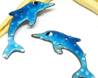 2 copper-dolphins enameled, 40mm, components for making jewelry, MTO