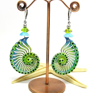 earrings, copper-ammonite enameled