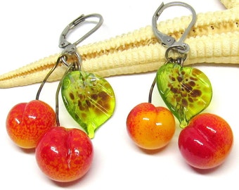 glass earrings, cherries orange-red, lampwork, muranoglass, MTO