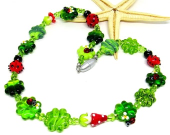 necklace with handmade lampwork beads, lucky charms, ladybugs, shamrock, lampwork, MTO