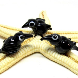 Könnte beinhalten: Drei schwarze Glasvogel-Figuren mit weißen Augen, die auf einem beigefarbenen Seestern sitzen.