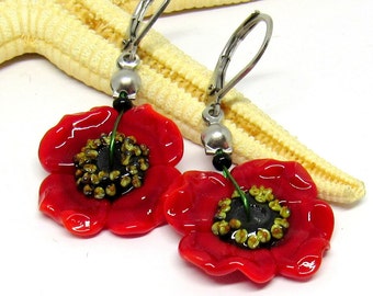 glass earrings, poppy, lampwork, muranoglass, MTO