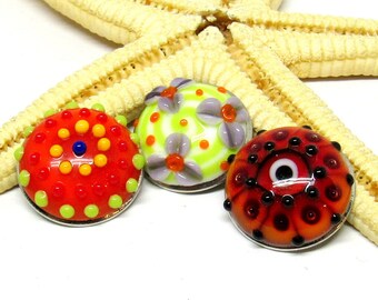 3 lampwork bead popper snaps, muranoglass, 18mm