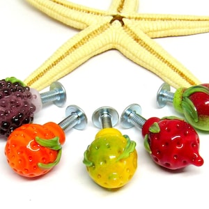 Könnte beinhalten: Fünf gläserne Frucht-Schubladengriffe mit silbernen Schrauben. Die Griffe sind in Form einer Brombeere, Erdbeere, Orange, Zitrone und Birne.