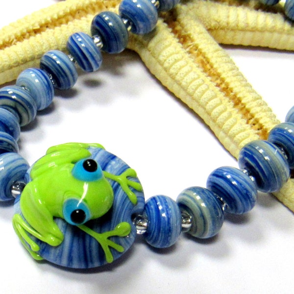 Stretch-Armband mit Frosch, jeansblau, Muranoglas, Lampwork, MTO