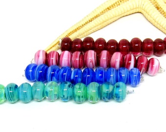 10 glassbeads, pink, blue or turquoise, Muranoglass, 9mm x 6mm, hole 2mm, MTO