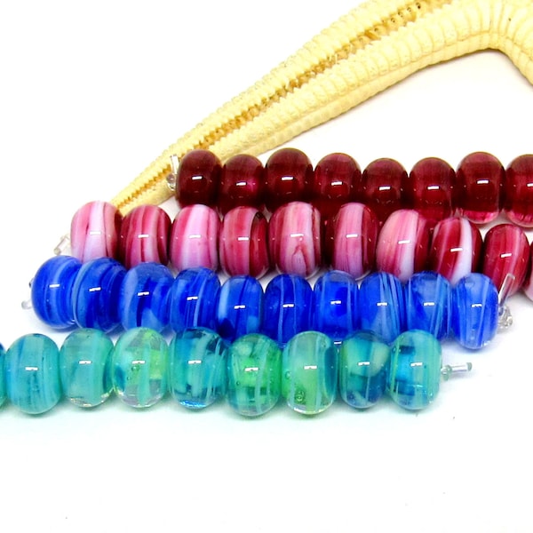 10 glassbeads, pink, blue or turquoise, Muranoglass, 9mm x 6mm, hole 2mm, MTO