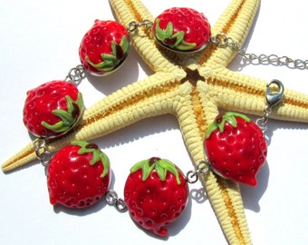 stainless steel bracelet with lampwork cabochons, strawberry, muranoglass