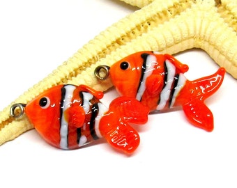 2 Glas Fische, Clownfisch, 2mm Öse, 20mm lang, Lampwork, MTO