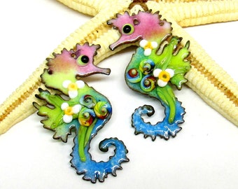 2 copper-elements enameled, seahorse, components  for making jewelry, MTO