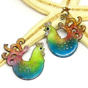 2 copper-elements enameled, chicken, components for making jewelry, MTO