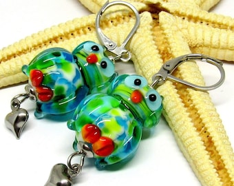 glass earrings, owls, lampwork, muranoglass