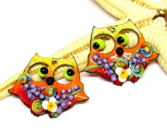 2 copper-elements enameled, owl, components for making jewelry, MTO