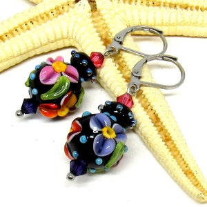 glass earrings flowers, black, colorful, lampwork, muranoglass, MTO