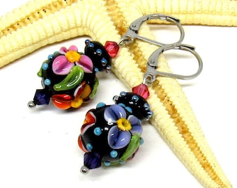 glass earrings flowers, lampwork, muranoglass, MTO