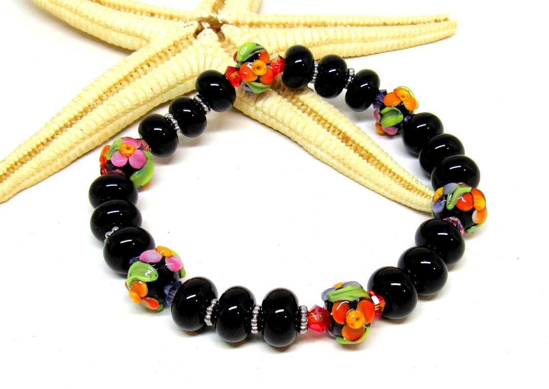 Stetch Bracelet Flowers , Black Colorful, Lampwork, Muranoglass, Length ...