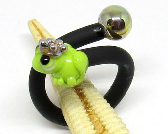 rubberring, lampwork, muranoglass, adjustable, frog with golden ball, MTO