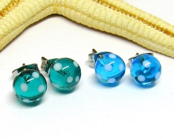 glass stud earrings, 8mm, aqua or turquoise with white dots, surgical steel, lampwork