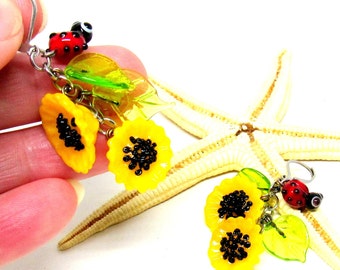 glass earrings sunflowers, lampwork, muranoglass, made to order