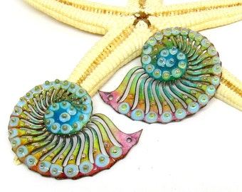 2 copper-elements enameled, ammonite, components for making jewelry, MTO