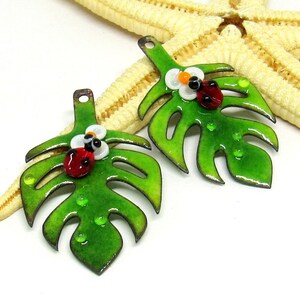 2 copper-leaves enameled, components for making jewelry, MTO