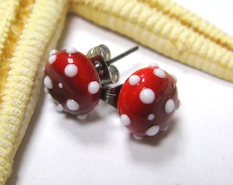 2 glass stud earrings, 8mm, red, white, surgical steel, lampwork, MTO